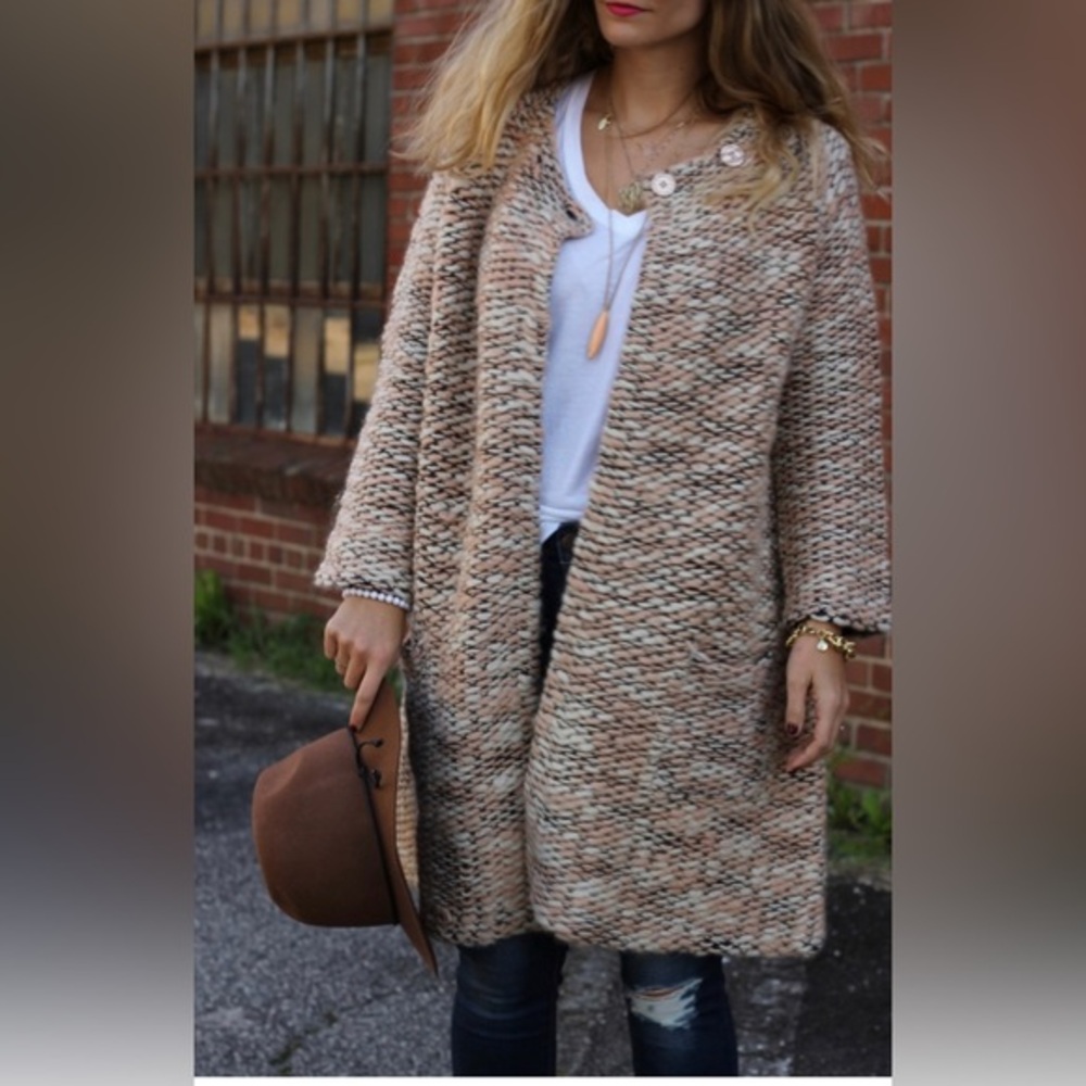 French Connection Wool Oversized Dress Coat Jacket Long Line Cardigan Sz L EUC